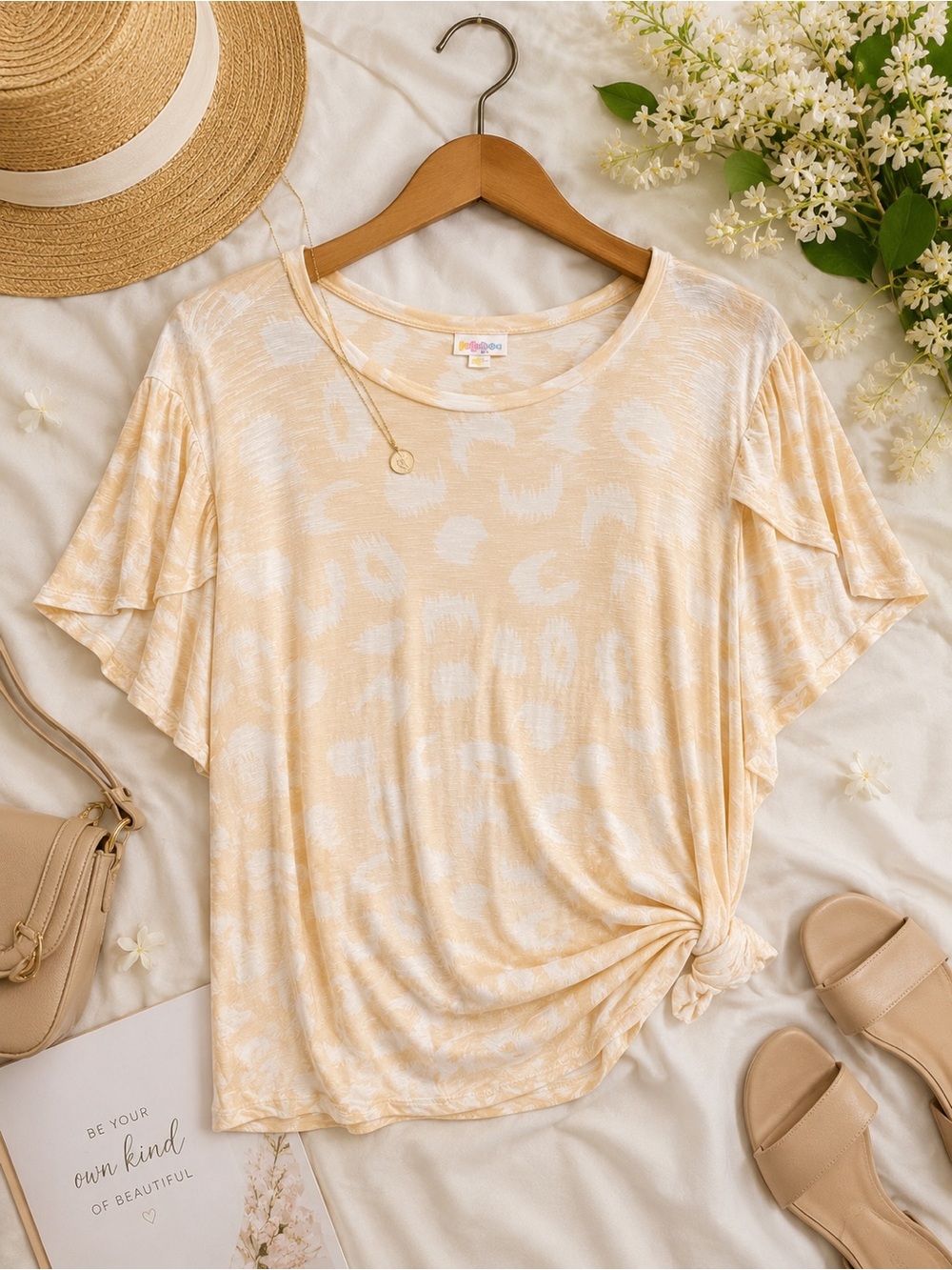 Lularoe OliveCream Leopard Print Flutter Sleeve Top - Picture 1 of 3